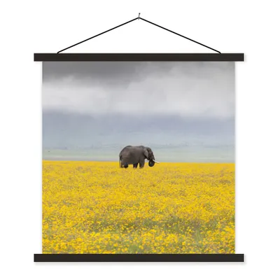 Produktbild von MuchoWow® Textilposter Elefant - Blumen - Natur - Gelb - Tiere 90x90 cm mit schwarzem Rahmen - Magnetisches