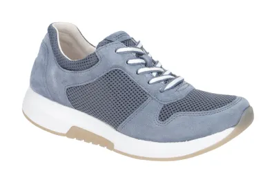 A single blue sneaker is shown against a white background.