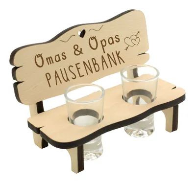 Produktbild von Schnapsbank mit Gravur · Schnapsbank für Eltern · Schnapslatte mit 2 Gläsern · Geschenke für Großeltern · Pausenbank für Oma und Opa · Geschenk Großeltern