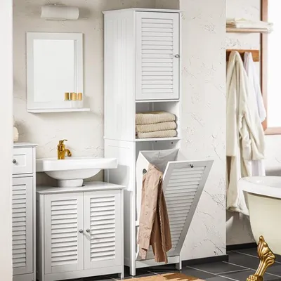 Produktbild von Schmaler, hoher Badezimmerschrank mit Wäschekorb und offenen Fächern – 170 cm hoch – platzsparend – weißes MDF