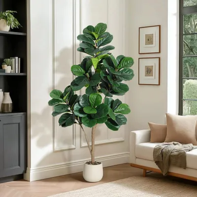 Produktbild von Künstlicher Geigenfeigenbaum - Ficus lyrata Kunstpflanze 210 cm - Naturgetreuer Zimmerbaum - Große Bodenpflanze - Mit weißem Blumentopf
