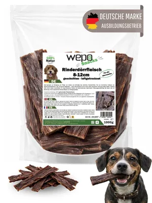 Produktbild von WEPO Rinderdörrfleisch Hund - 1kg Pansen/Rinderschlund für Hunde getrocknet - 8-12cm Kausnacks - Barf-Leckerli 100% Rind