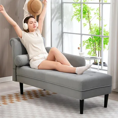 Produktbild von Chaiselongue mit Samtoptik und Knopfheftung, Massivholzbeine, Zierkissen, 146x61x82,5 cm, Grau