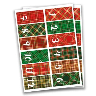 Produktbild von Papierdrachen 24 Adventskalender Zahlenaufkleber - Schottenmuster Nr 66 - Aufkleber 4cm - zum Basteln und Dekorieren