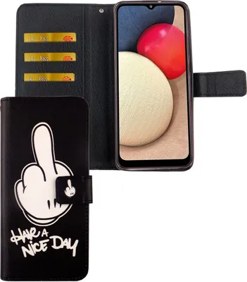 Produktbild von Samsung Galaxy A03s Tasche Handy Hülle Schutz-Cover Flip-Case mit Kartenfach, Farbe:Have A Nice Day Schwarz