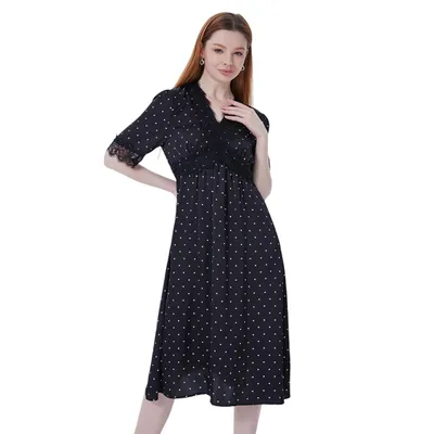 Produktbild von Damen Polka Dot Kleid mit kurzen Ärmeln und Spitze, A-Linie in Midi-Länge für Sommer