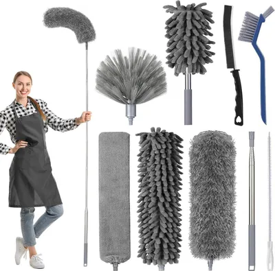 Image de set de 9 plumeaux télescopiques - Extensible jusqu'à 2.5m - Microfibre pour la poussière - Enlève les toiles d'araignées - Idéal pour le plafond