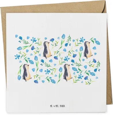 Produktbild von Mr. & Mrs. Panda Grußkarte Pinguinliebe Design - Weiß - Geschenk, Blaue Blumen, Pinguine, Aquarell, doppelkarte, faltkarte, Glückwunschkarte, Pinguin, Muster, Klappkarte