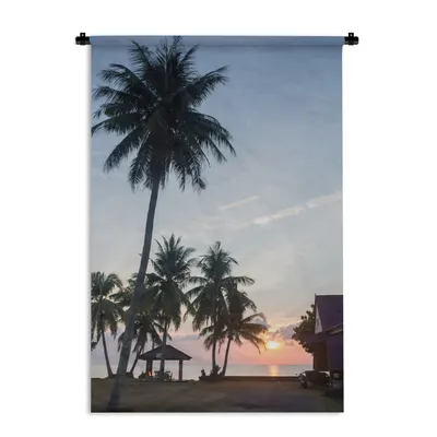 Produktbild von MuchoWow® Wandteppich Wandbehang Palme - Sonnenuntergang - Haus 120x180 cm Tapisserie Dekoration Wandtuch - Schlafzimmer - Dekorationen für das Haus