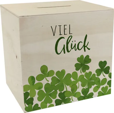 Produktbild von Klee Spardose aus Holz mit Spruch Viel Glück