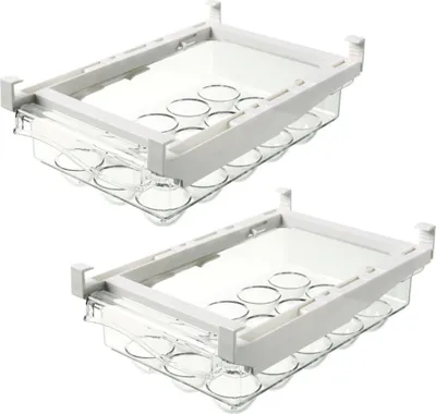 Two clear plastic egg holders with white frames, stacked on a white background.