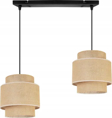 Obrázek produktu pro Boho závěsné svítidlo - Stropní svítidlo - Kovové závěsné svítidlo s látkovým stínidlem - E27 - 2 žárovky - Černá základna a juta