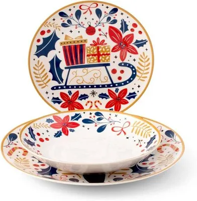 Obrázok produktu pre Vianočný tanier – Vianočná večera – Porcelán – Sviatočný riad – Vianočná výzdoba stola – Sada na večeru – Riad na Vianoce – Sviatočný stolový riad – Vianočný tanier bielo-červený