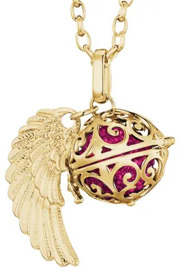 Produktbild von Morella Damen Halskette gold Edelstahl 70 cm mit goldenem Anhänger Engelsflügel und Klangkugel Zirkonia pink Ø 16 mm in Schmuckbeutel