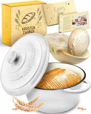 Produktbild von KRUSTENZAUBER Gusseisen Topf Brot backen emailliert inkl. Gärkorb - 26cm Emaille-Topf samt Zubehör - Ideal als Brotbacktopf, Brottopf, Brotbackform