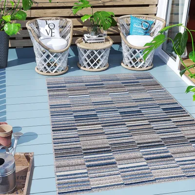 Obrázek produktu pro Carpeto Rugs Pruhovaný vzor Venkovní koberec odolný proti povětrnostním vlivům na balkon, terasu - Balkonový koberec voděodolný - Venkovní koberec odolný proti povětrnostním vlivům - Venkovní koberec Terasa velký - Šedá modrá 1 - 120 x 170 cm