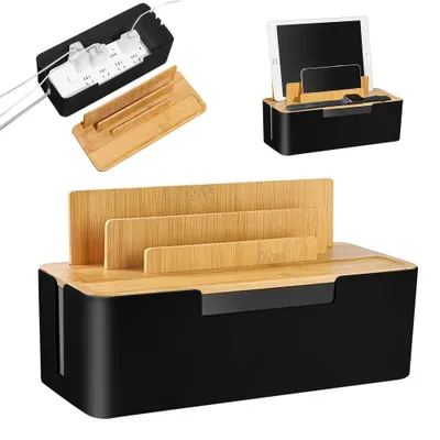 Immagine prodotto di TRANKIELO® - Contenitore per cavi in bambù - Realizzato in ABS e bambù sostenibili - Organizzatore per cavi, ideale per prese elettriche e cavi - Colore: nero