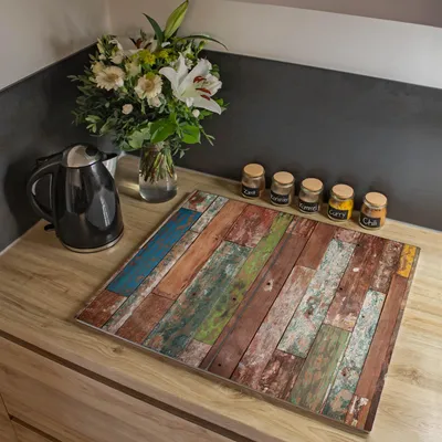 Produktbild von banjado Herdabdeckplatte zweiteilig je 30x52cm groß mit Gummi Abstandshalter, ESG Sicherheitsglas mit Motiv Buntes Holz [HAP2 12140]