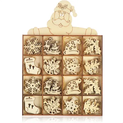 A set of wooden Christmas ornaments in a divided box, with a Santa Claus cutout at the top.