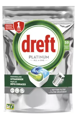 Produktbild von Dreft Platinum Allin1 – 59 Tabletten, 879 g, Original-Geschirrspültabs