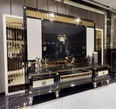 Produktbild von Casa Padrino Luxus Art Deco TV Schrank Rückwand Schwarz / Weiß / Gold - Verspiegelte Massivholz Rückwand - Art Deco Wohnzimmer Möbel - Luxus Wohnzimmer Möbel - Luxus Art Deco Einrichtung