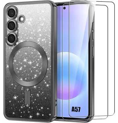 Image de Coque + 2 Verres Trempés pour Samsung Galaxy A57 5G, Silicone Antichoc avec Cercle Magnétique Noir