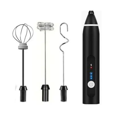 A black electric milk frother with three different attachments, displayed on a white background.