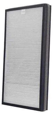 A rectangular air filter with pleats and a black frame.
