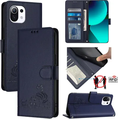 Produktbild von Leder Hülle für Xiaomi 11 Lite 5G NE/Mi 11 Lite/Mi 11 Lite 5G Süße Katze Flip Case Brieftasche Schutzhülle mit Standfunktion Blau