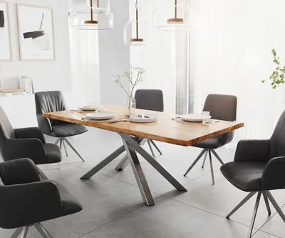 Produktbild von DELIFE Esstisch Edge 200x100 Akazie Natur Kreuzgestell Rechteck Edelstahl Live-Edge