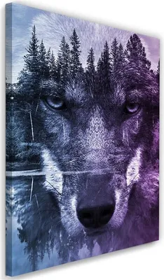 Produktbild von Leinwandbild abstrakter wolf auf wald- und seehintergrund 60x90 cm Feeby lila wandbild bereit zum aufhängen