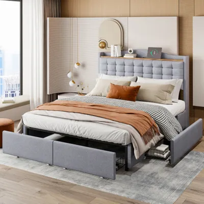 Produktbild von Polsterbett 140*200 cm, Nachttisch mit USB-Ladeanschluss und Ablage, Doppelflachbett mit 4 Schubladen
