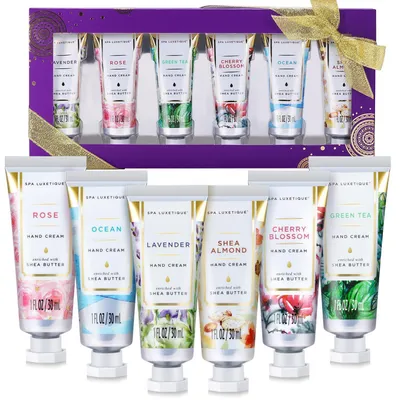 Productafbeelding van Mini handcrème set, 6 stuks. Hydraterend met sheaboter, aloë vera en vitamine E. Paars. 6 verschillende geuren