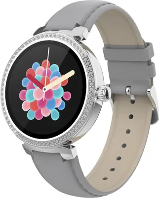 A smartwatch with a gray leather strap and a silver bezel is shown against a white background. The watch face displays a colorful abstract pattern.