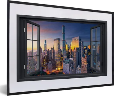 Produktbild von MuchoWow® Gerahmtes Poster Ansicht - New York - Skyline 60x40 cm - Poster mit Schwarzem Bilderrahmen Wandposter Rahmen Foto Bilder - Schlafzimmer - Plakat in Rahmen - Drucken