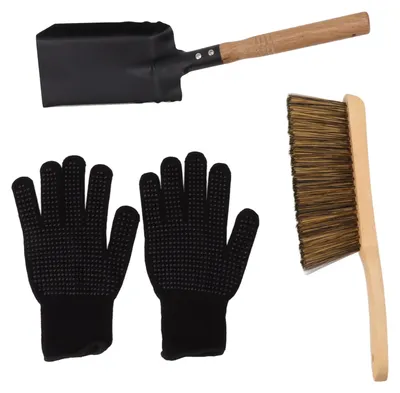 Image de Ensemble de pelle à cendres, de brosse et de gants en silicone noir pour cheminée, foyer et outils de nettoyage pour la maison