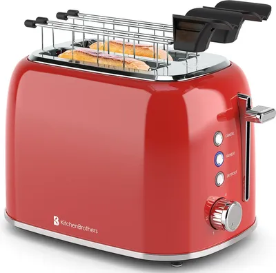 Produktbild von KitchenBrothers Toaster mit Sandwichzangen - Toaster - 6 Bräunungsstufen - Breite Schlitze - Toaster - 870W - Rot