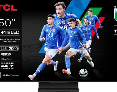 A television screen displaying a marketing image of soccer players in blue uniforms.