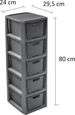Immagine prodotto di BranQ - Scaffale Home essential in design rattan, plastica PP senza BPA, antracite, 29,5 x 24 x 80 cm, 5 cestelli