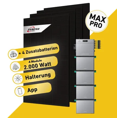 Produktbild von 2000 Watt, Bifazial Komplettset, Balkonkraftwerk, Zendure Solarflow 2400 Pro, 4 x AB3000L Zusatzbatterien