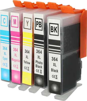 A set of five ink cartridges for a printer, arranged in a row.