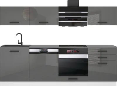 Produktbild von Belini Küchenzeile Küchenblock Linda - Küchenmöbel 240 cm Einbauküche Vollausstattung ohne Elektrogeräten mit Hängeschränke und Unterschränke, ohne Arbeitsplatten, Silber Hochglanz