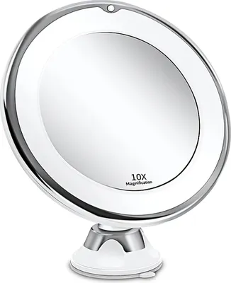 A white and silver magnifying makeup mirror with LED lighting and a suction cup base, displayed against a white background.