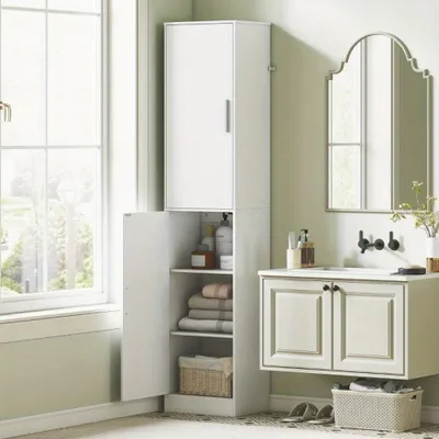 Produktbild von Hoher Badschrank - Hoher Schrank - Aufbewahrungsschrank - Badezimmer-Schrank - Weißer Schrank - 2 Türen - Verstellbare Einlegeböden