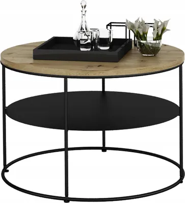 Zdjęcie produktu dla Okrągły Stolik Kawowy z Półką Loft 55 x 55 x 37 Czarny+Dąb Artisan