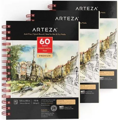 Produktbild von Famanu Skizzenbuch für Mixed Media - 60 Blatt, 14,5 x 21,5 cm, Ideal für Nasse und Trockene Anwendungen - 3-Pack