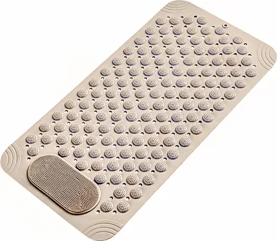 A beige anti-slip bath mat with suction cups and massage nubs is shown on a white background.