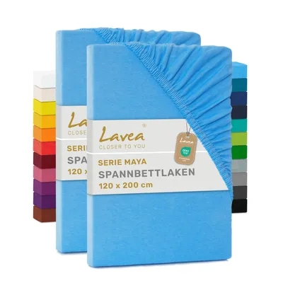 Produktbild von Lavea® 2er Pack Jersey Spannbettlaken 120x200cm, 100% Baumwolle – Weiches Bettlaken für Matratzen bis 20 cm Höhe – Himmelblau