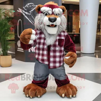 Obrázek produktu pro Kostýmová REDBROKOLY postava maskota Maroon Šavlozubého tygra oblečená ve flanelové košili a náramku