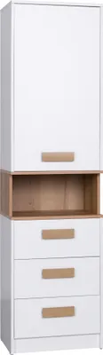 A tall, narrow cabinet with a white exterior and wood-colored accents.